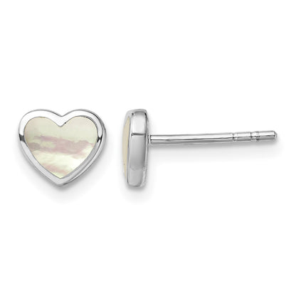 Sterling Silver Rhodium-plated Mother of Pearl Heart Post Earrings