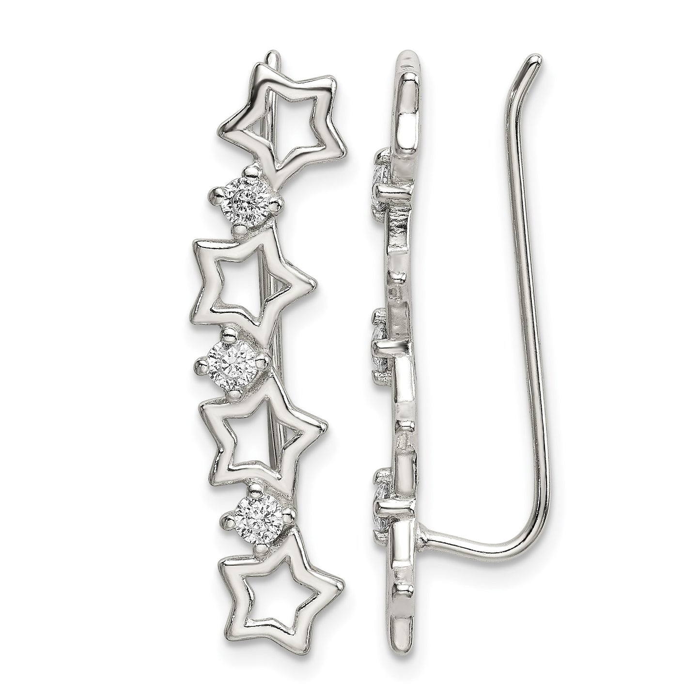 Sterling Silver Polished CZ Stars Ear Climber Earrings