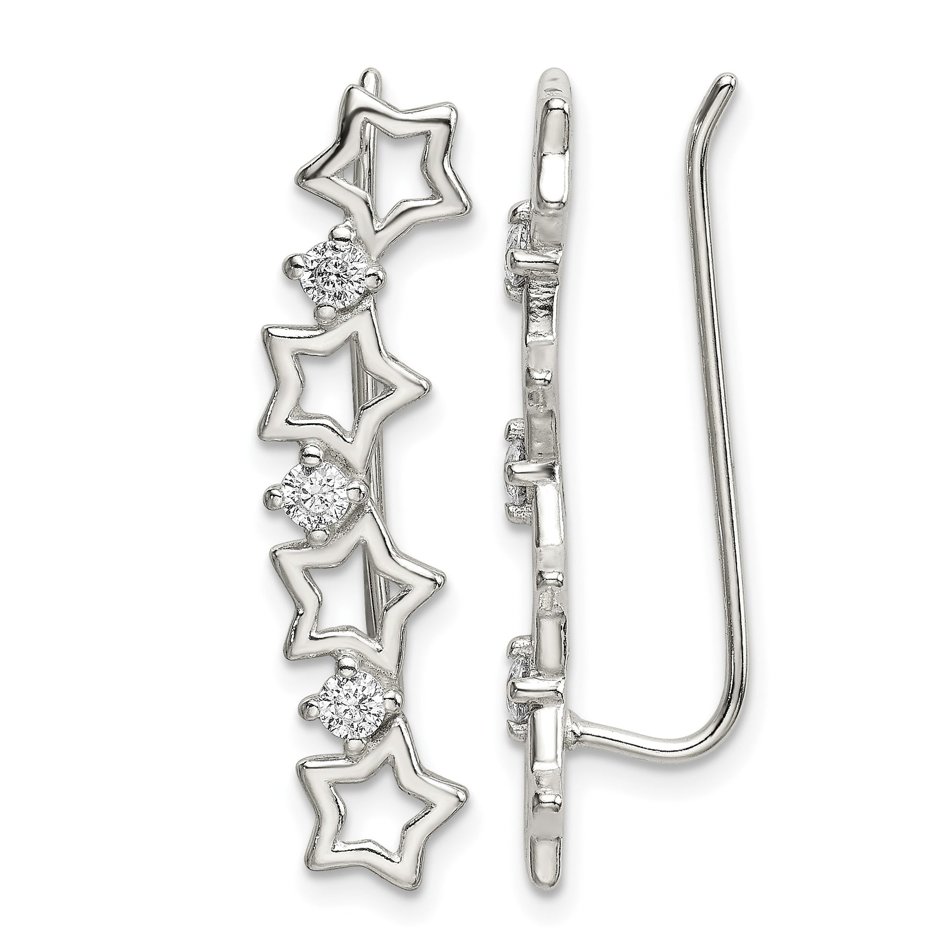Sterling Silver Polished CZ Stars Ear Climber Earrings