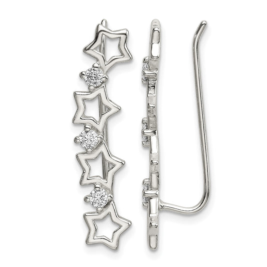 Sterling Silver Polished CZ Stars Ear Climber Earrings