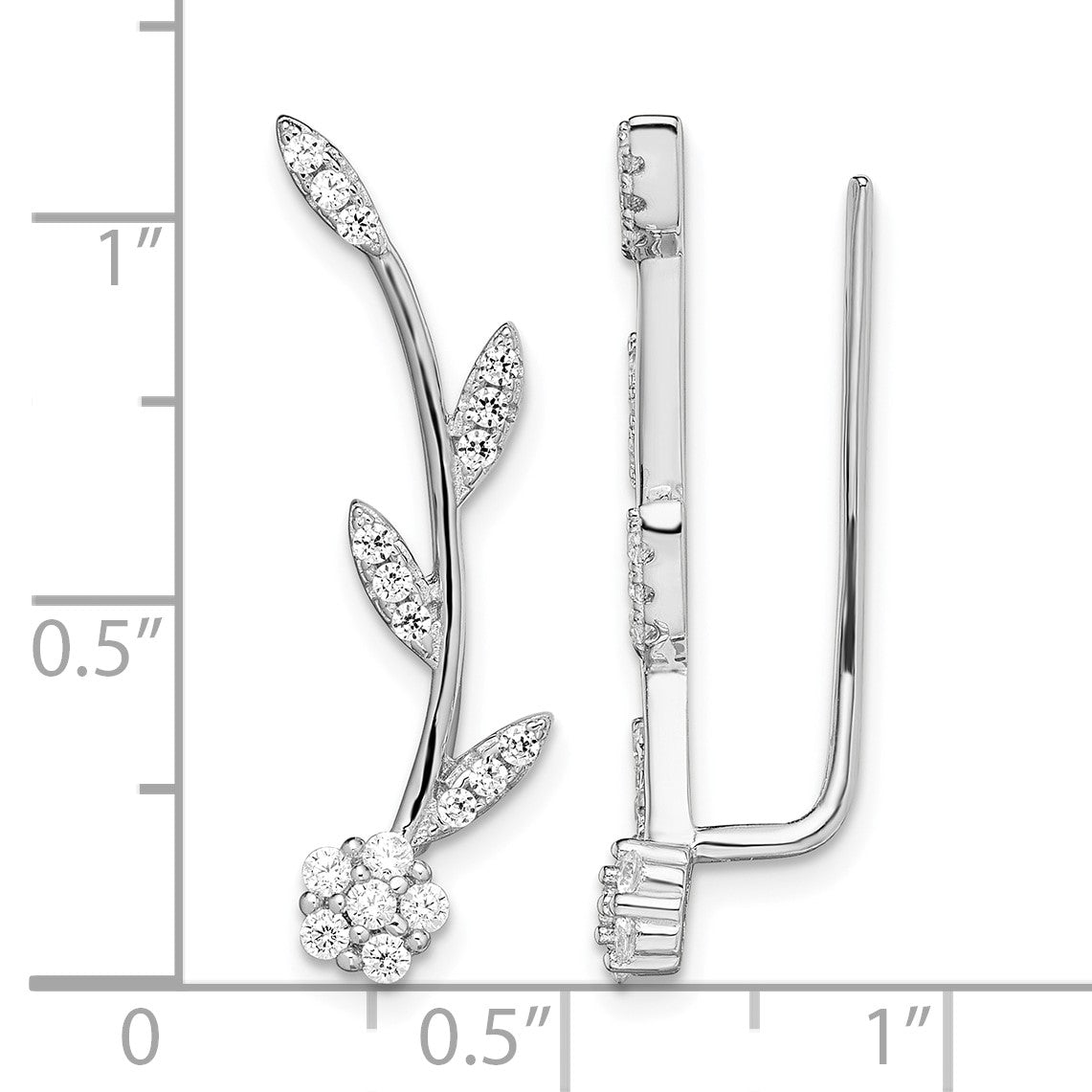 Sterling Silver Rhodium-plated Polished CZ Flower w/Stem Ear Climber Earrin
