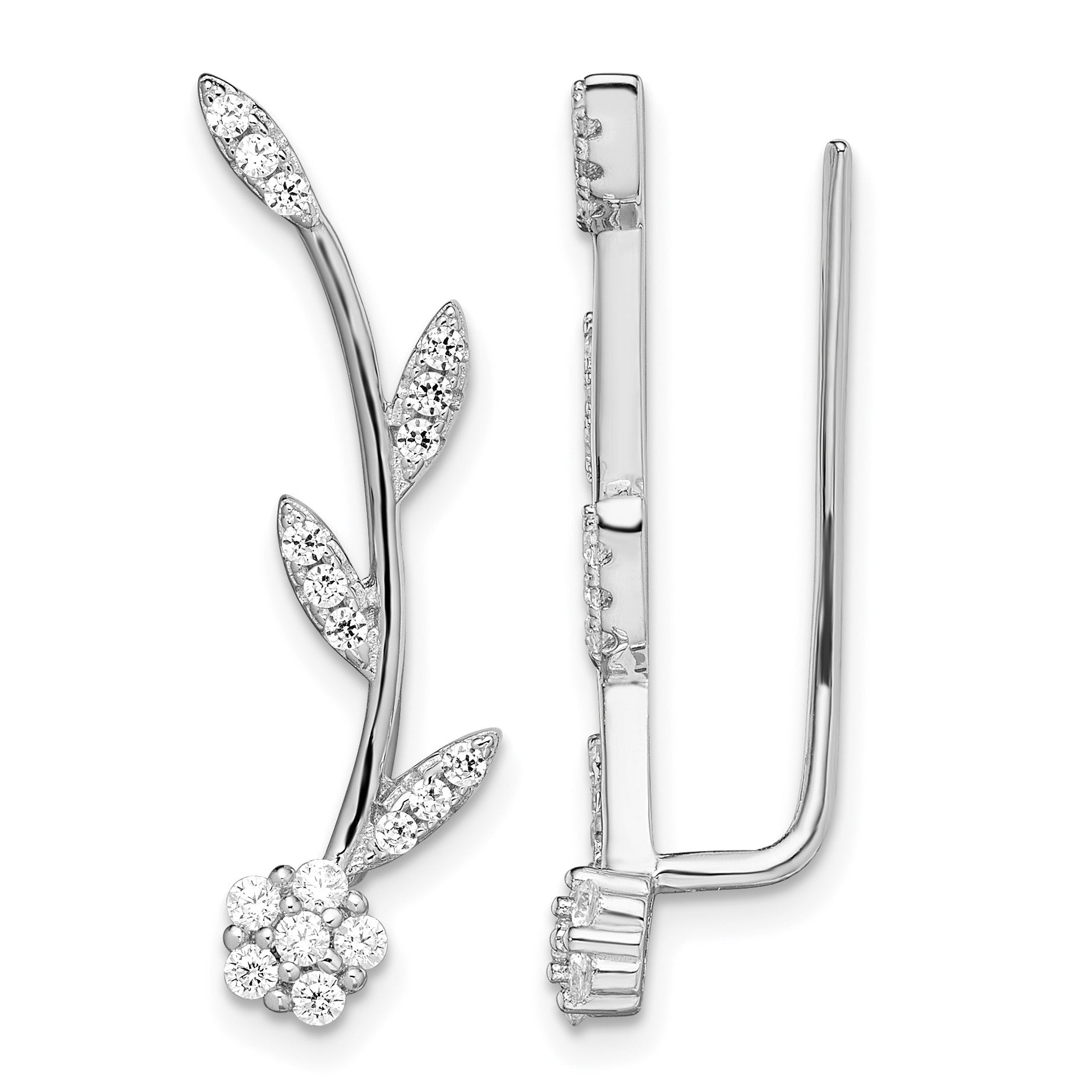 Sterling Silver Rhodium-plated Polished CZ Flower w/Stem Ear Climber Earrin