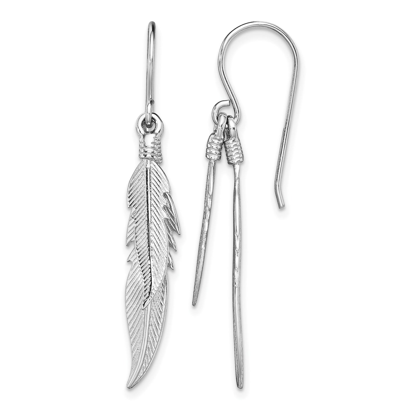 Sterling Silver Rhodium-plated Polished Feathers Dangle Earrings