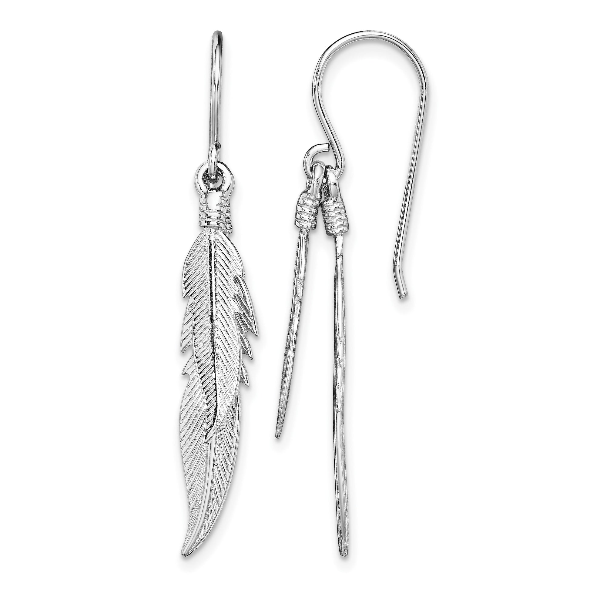 Sterling Silver Rhodium-plated Polished Feathers Dangle Earrings