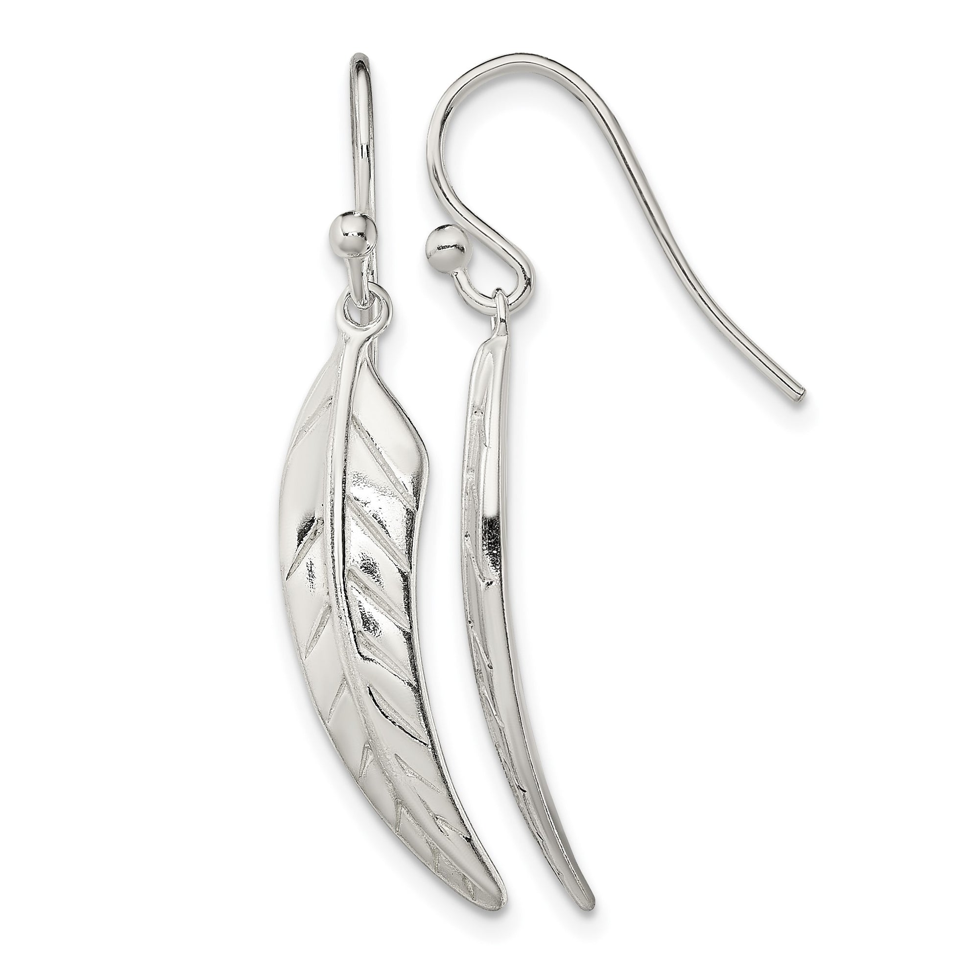 Sterling Silver Polished Leaf Dangle Shepherd Hook Earrings