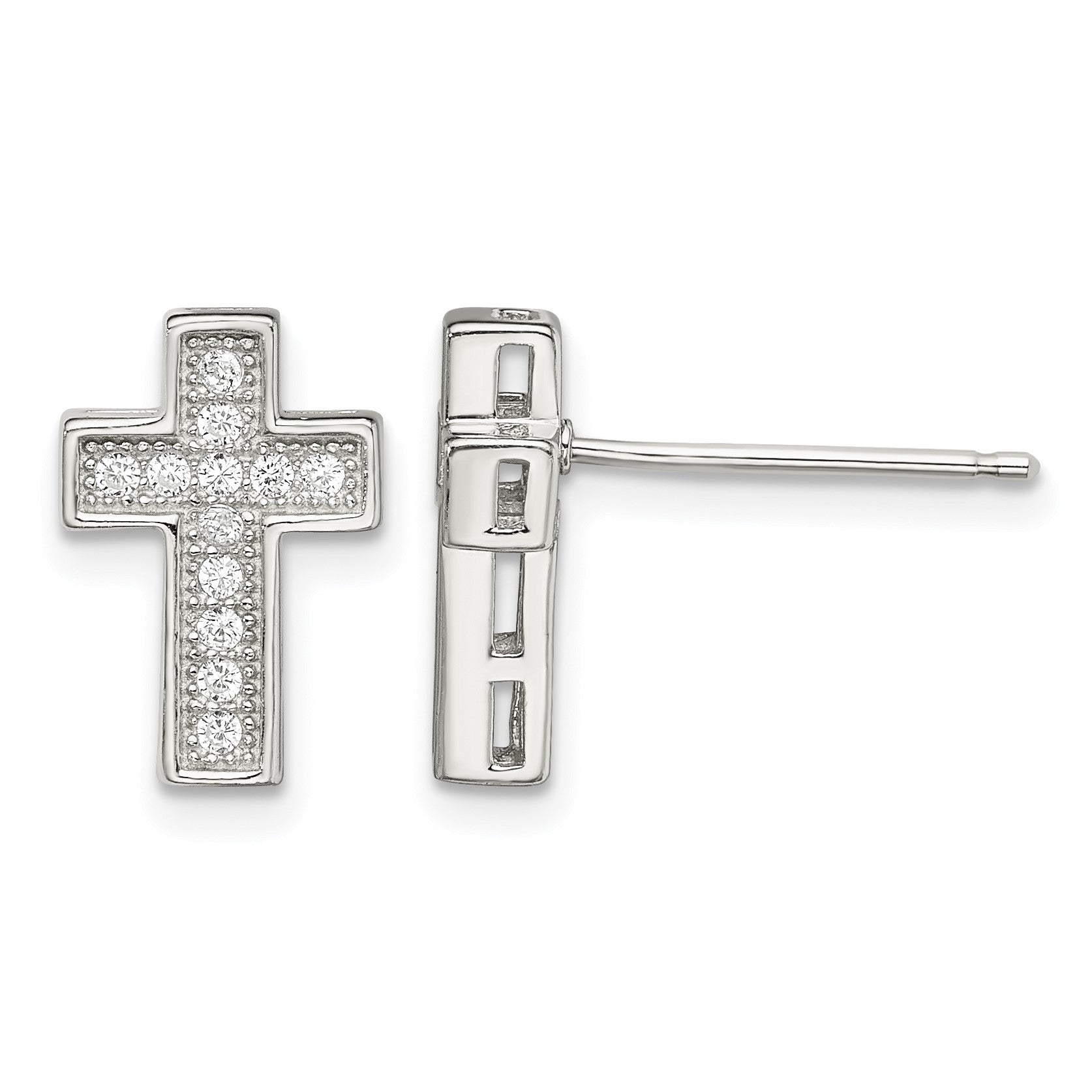 Sterling Silver Rhodium-plated CZ Cross Post Earrings