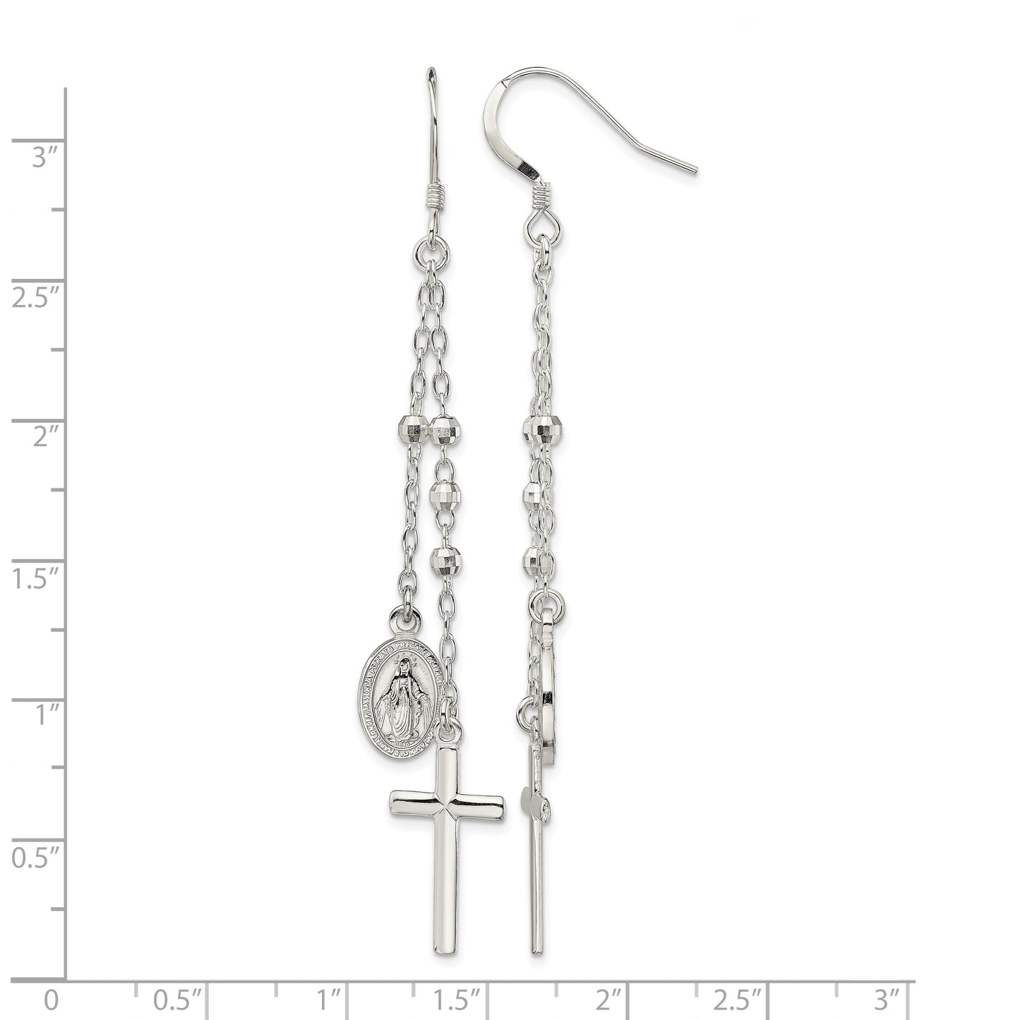Sterling Silver Polished Miraculous Medal & Latin Cross Beaded Multi-Strand Dangle Earrings