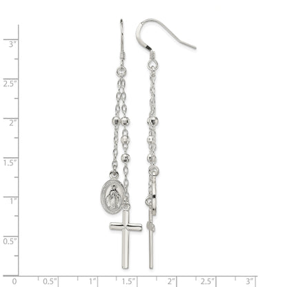 Sterling Silver Polished Miraculous Medal & Latin Cross Beaded Multi-Strand Dangle Earrings