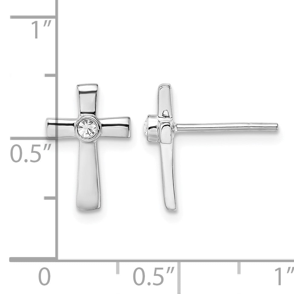 Sterling Silver Rhodium-plated Polished CZ Cross Post Earrings