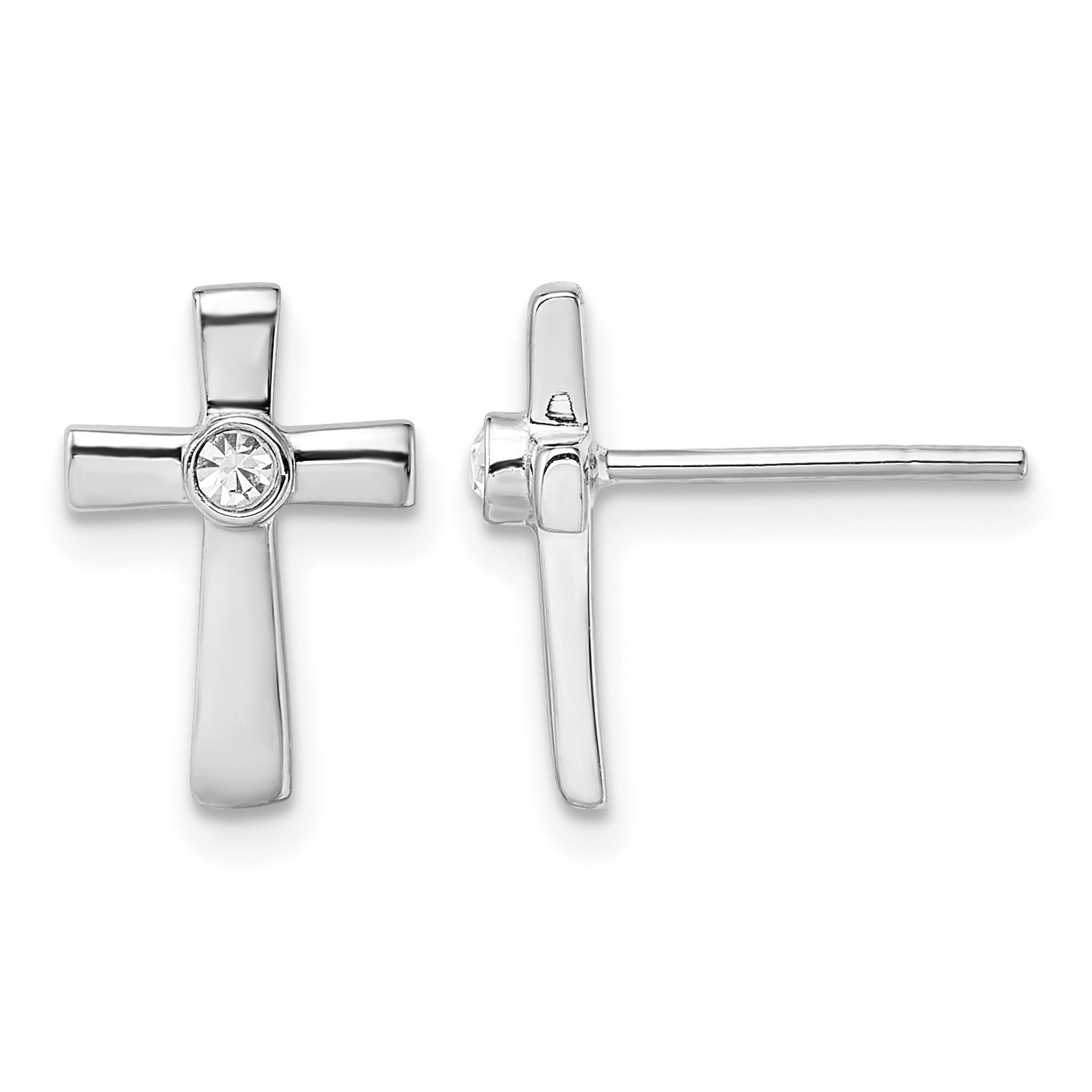Sterling Silver Rhodium-plated Polished CZ Cross Post Earrings