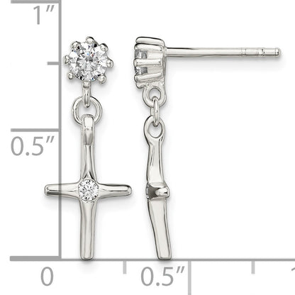 Sterling Silver Polished CZ Cross Post Dangle Earrings