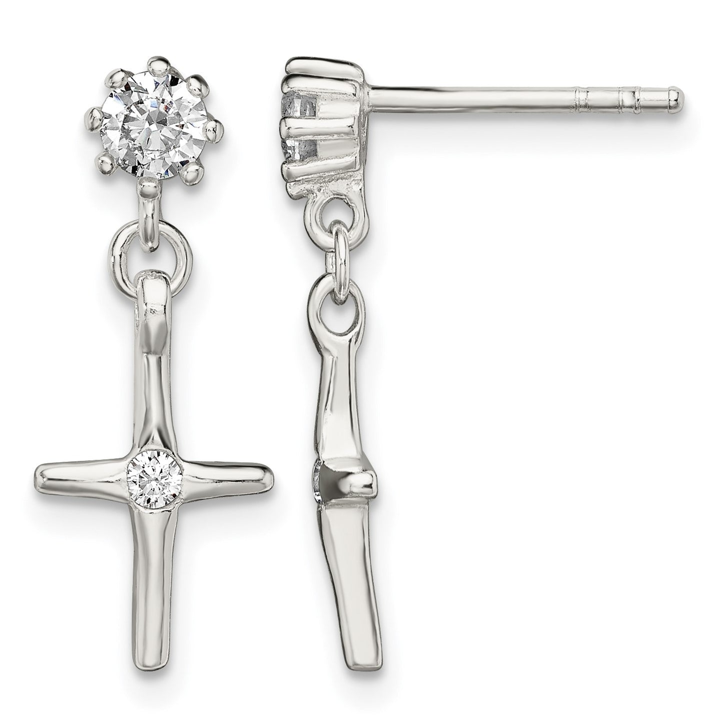 Sterling Silver Polished CZ Cross Post Dangle Earrings