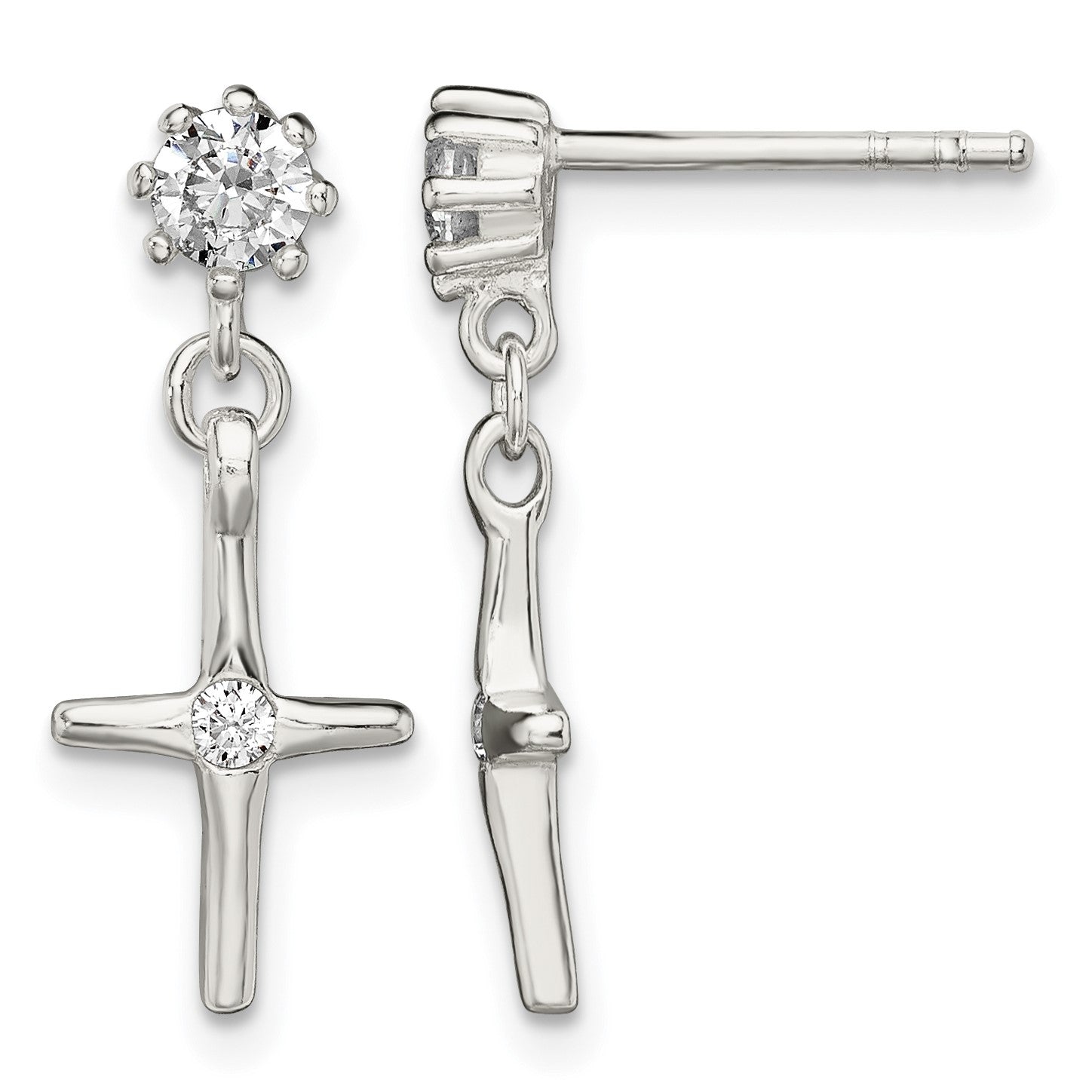 Sterling Silver Polished CZ Cross Post Dangle Earrings