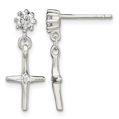 Sterling Silver Polished CZ Cross Post Dangle Earrings