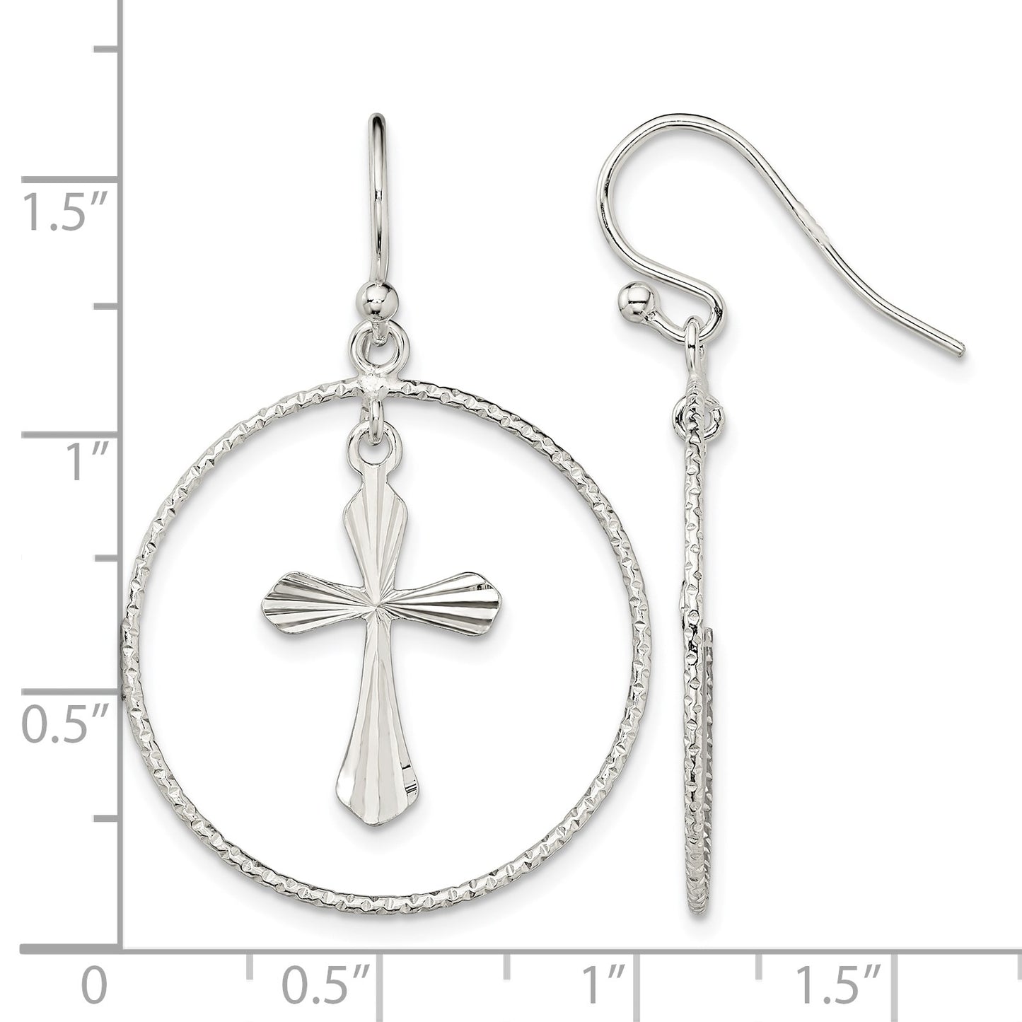 Sterling Silver Polished & Diamond-cut Cross Circle Dangle Earrings