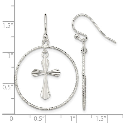 Sterling Silver Polished & Diamond-cut Cross Circle Dangle Earrings