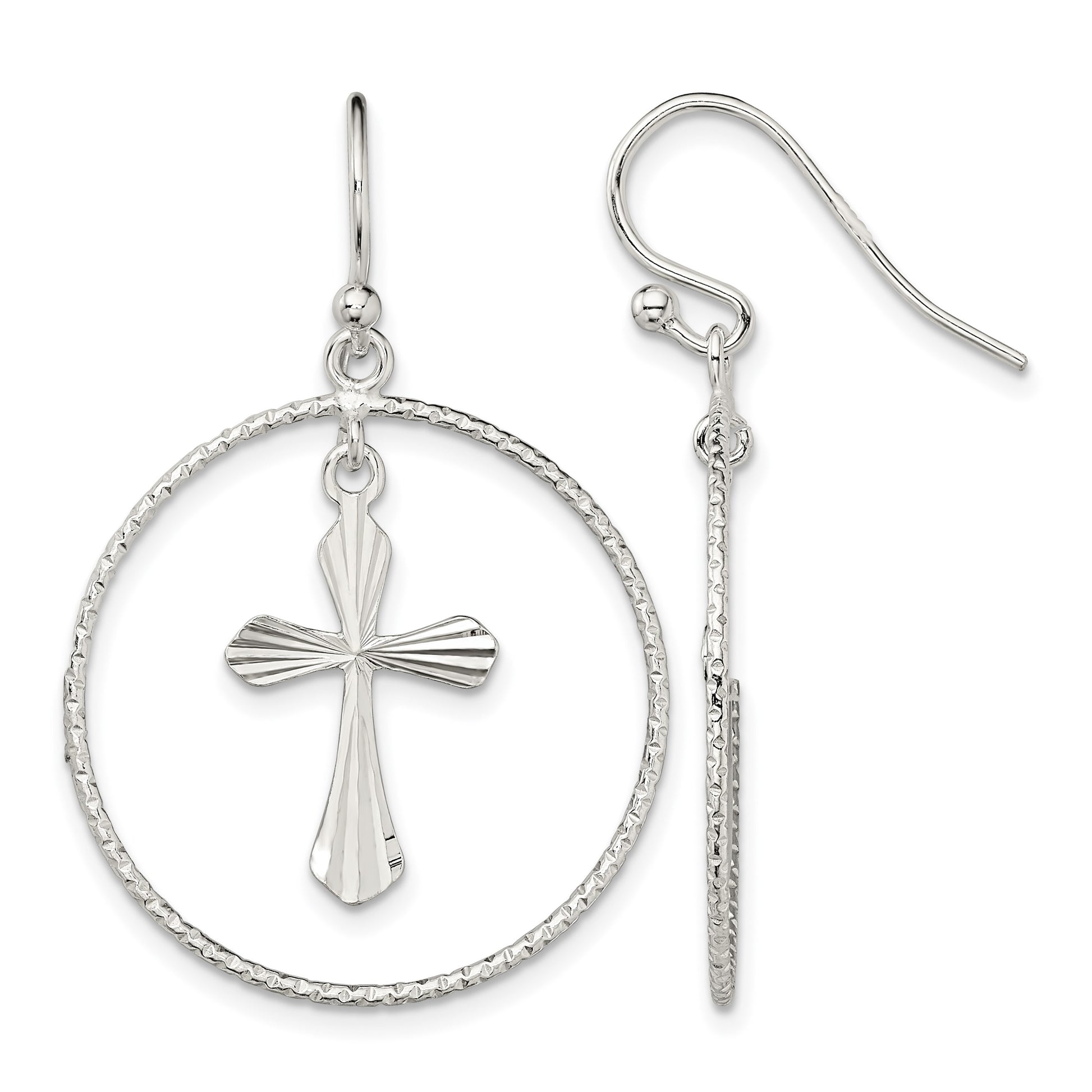 Sterling Silver Polished & Diamond-cut Cross Circle Dangle Earrings