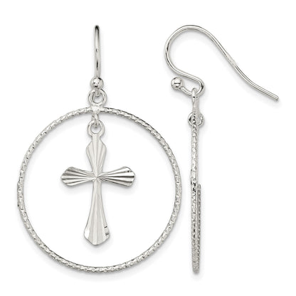 Sterling Silver Polished & Diamond-cut Cross Circle Dangle Earrings