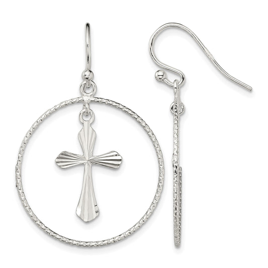 Sterling Silver Polished & Diamond-cut Cross Circle Dangle Earrings