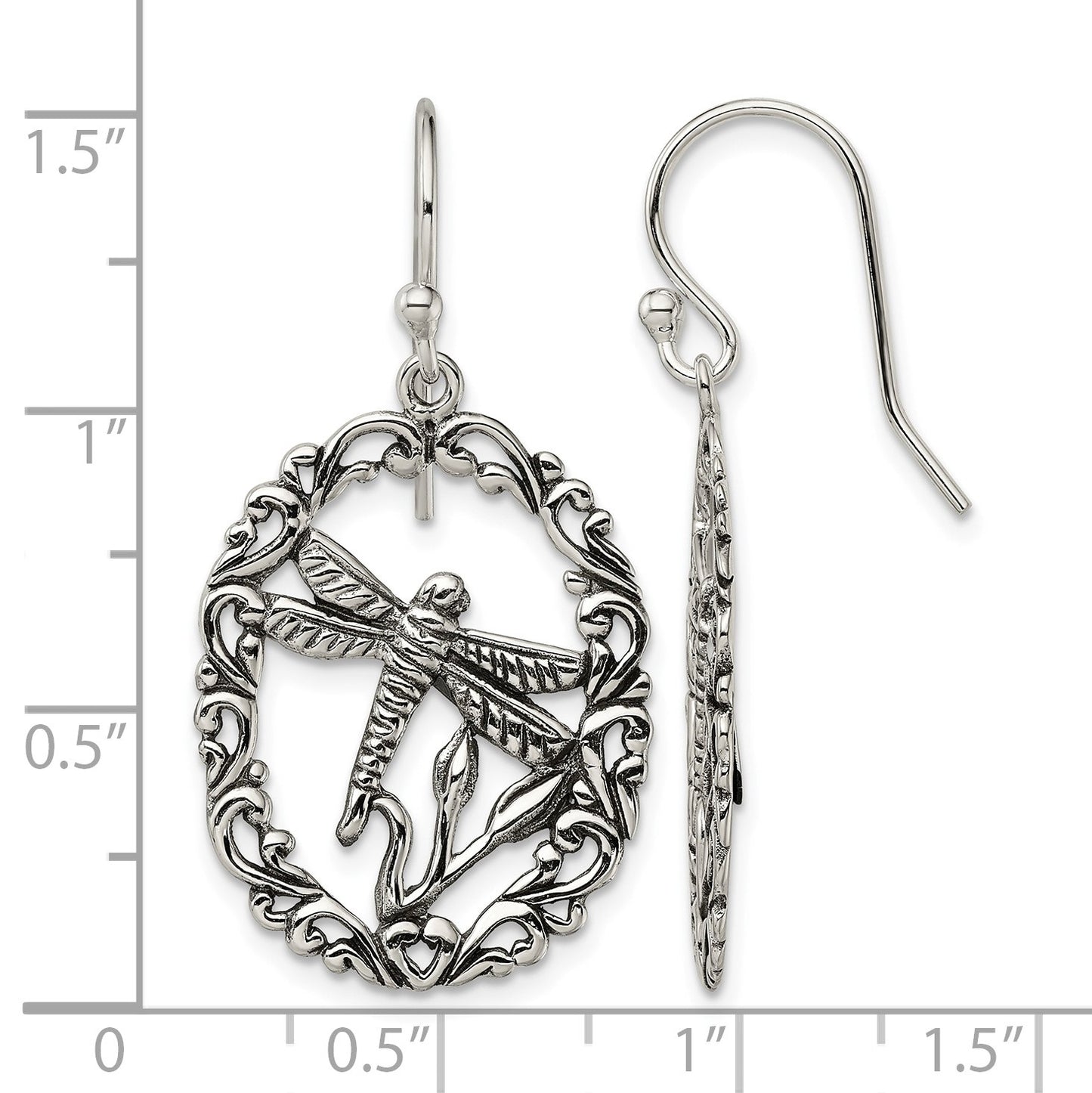 Sterling Silver Antiqued Dragonfly Dangle Shepherds Hook Earrings