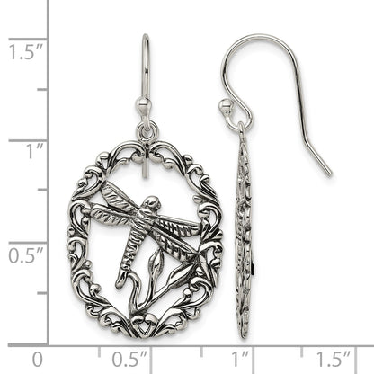 Sterling Silver Antiqued Dragonfly Dangle Shepherds Hook Earrings