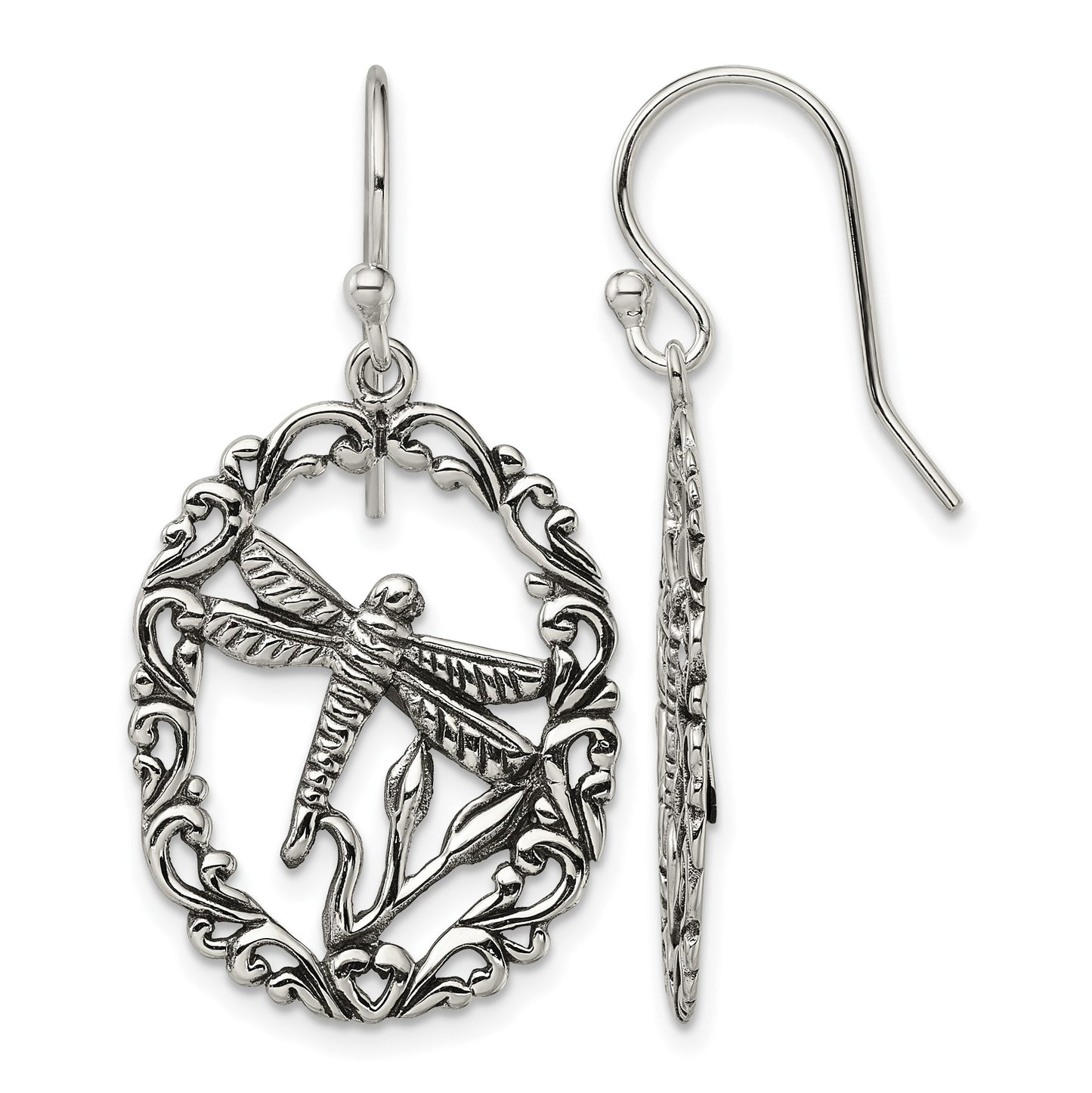 Sterling Silver Antiqued Dragonfly Dangle Shepherds Hook Earrings
