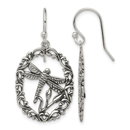 Sterling Silver Antiqued Dragonfly Dangle Shepherds Hook Earrings