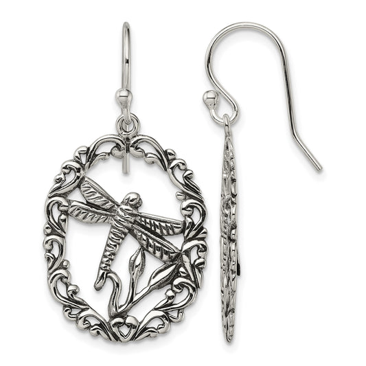 Sterling Silver Antiqued Dragonfly Dangle Shepherds Hook Earrings