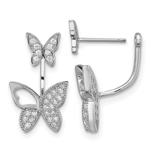Sterling Silver Rhodium-plated CZ Butterfly Front and Back Earrings