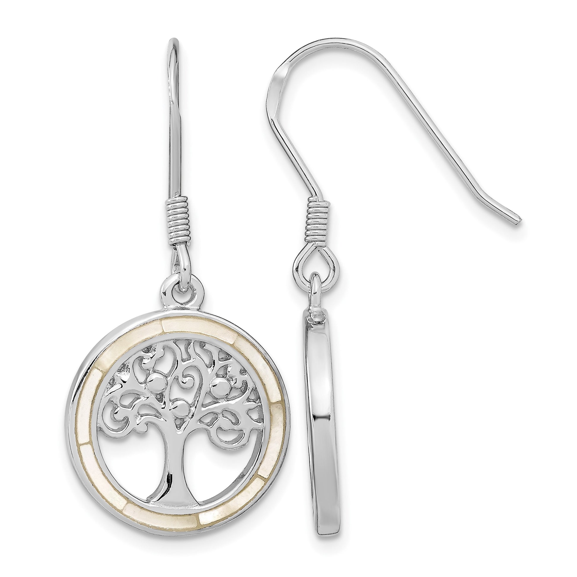 Sterling Silver Rhodium-plated White MOP Tree of Life Earrings