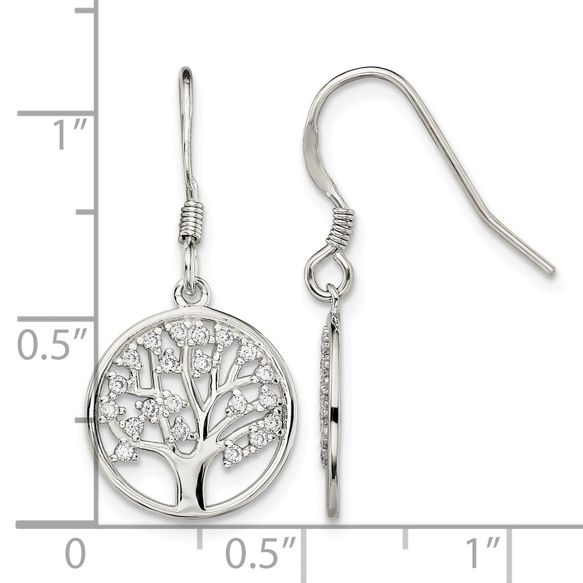 Sterling Silver Rhod-pltd CZ Tree of Life Dangle Shepherd Hook Earrings
