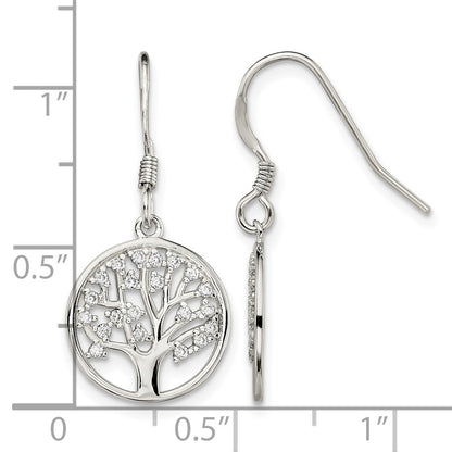 Sterling Silver Rhod-pltd CZ Tree of Life Dangle Shepherd Hook Earrings