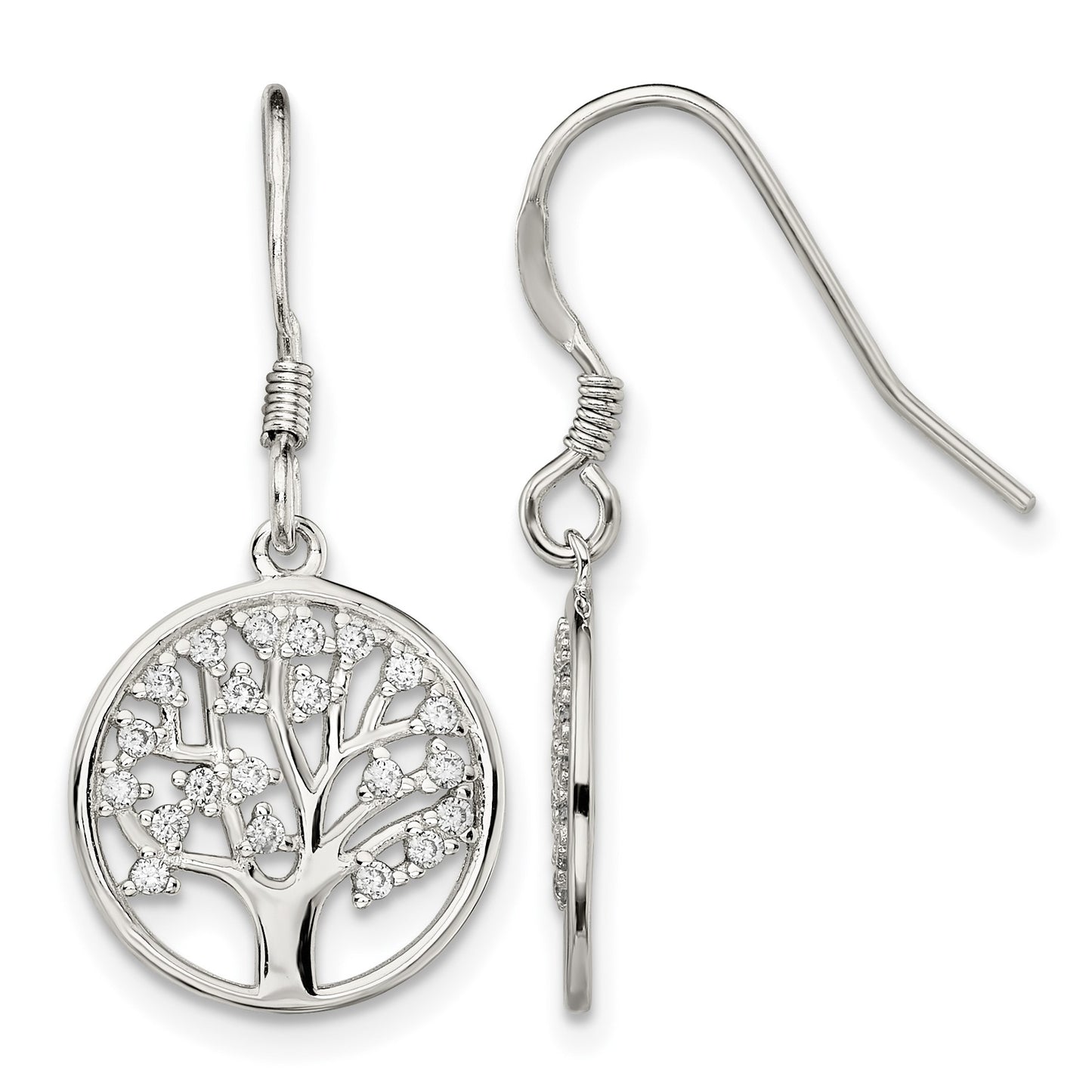 Sterling Silver Rhod-pltd CZ Tree of Life Dangle Shepherd Hook Earrings