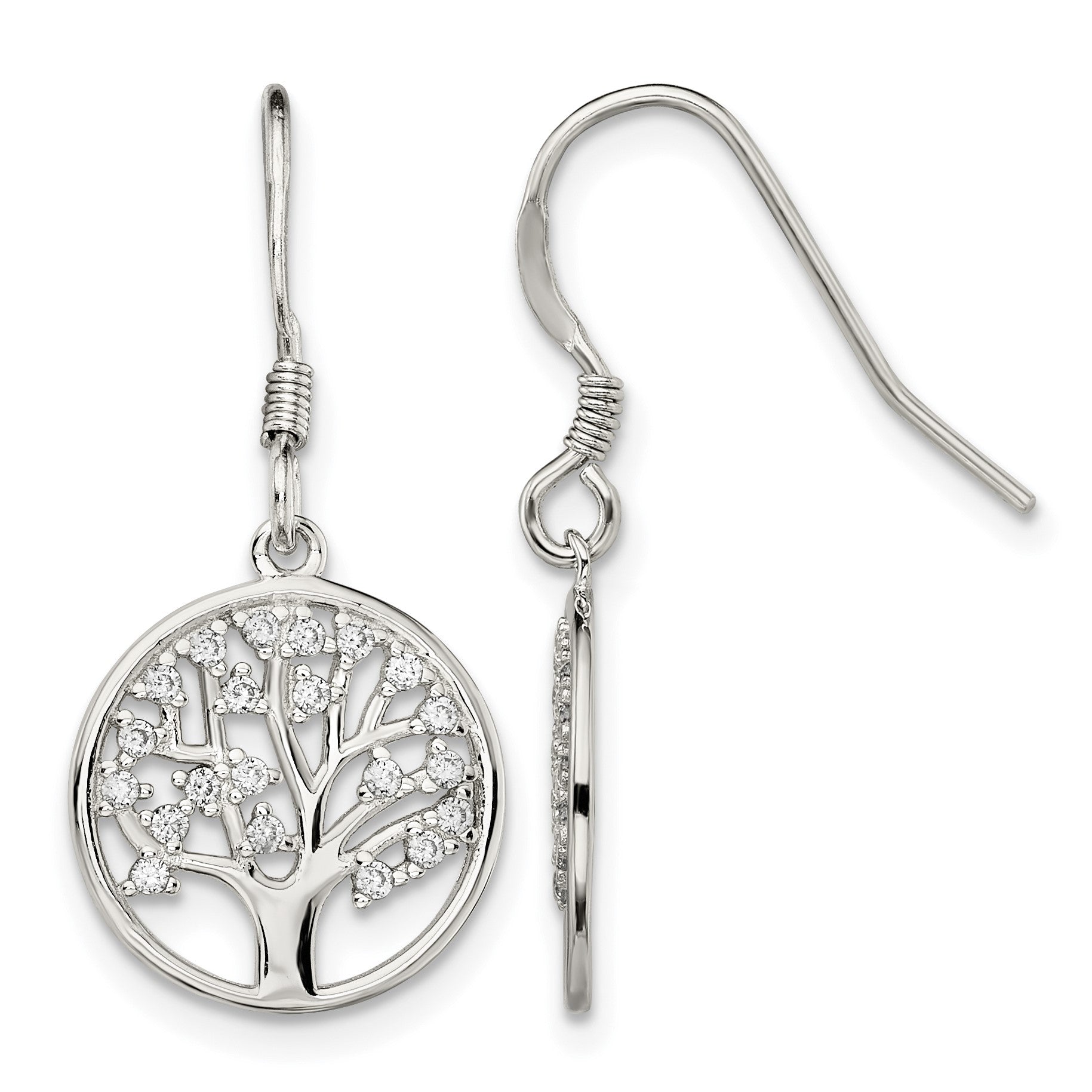 Sterling Silver Rhod-pltd CZ Tree of Life Dangle Shepherd Hook Earrings