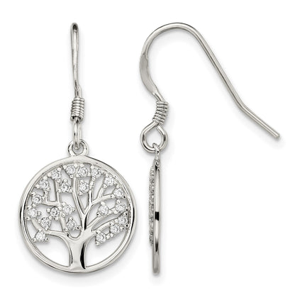 Sterling Silver Rhod-pltd CZ Tree of Life Dangle Shepherd Hook Earrings