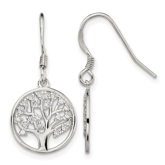 Sterling Silver Rhod-pltd CZ Tree of Life Dangle Shepherd Hook Earrings