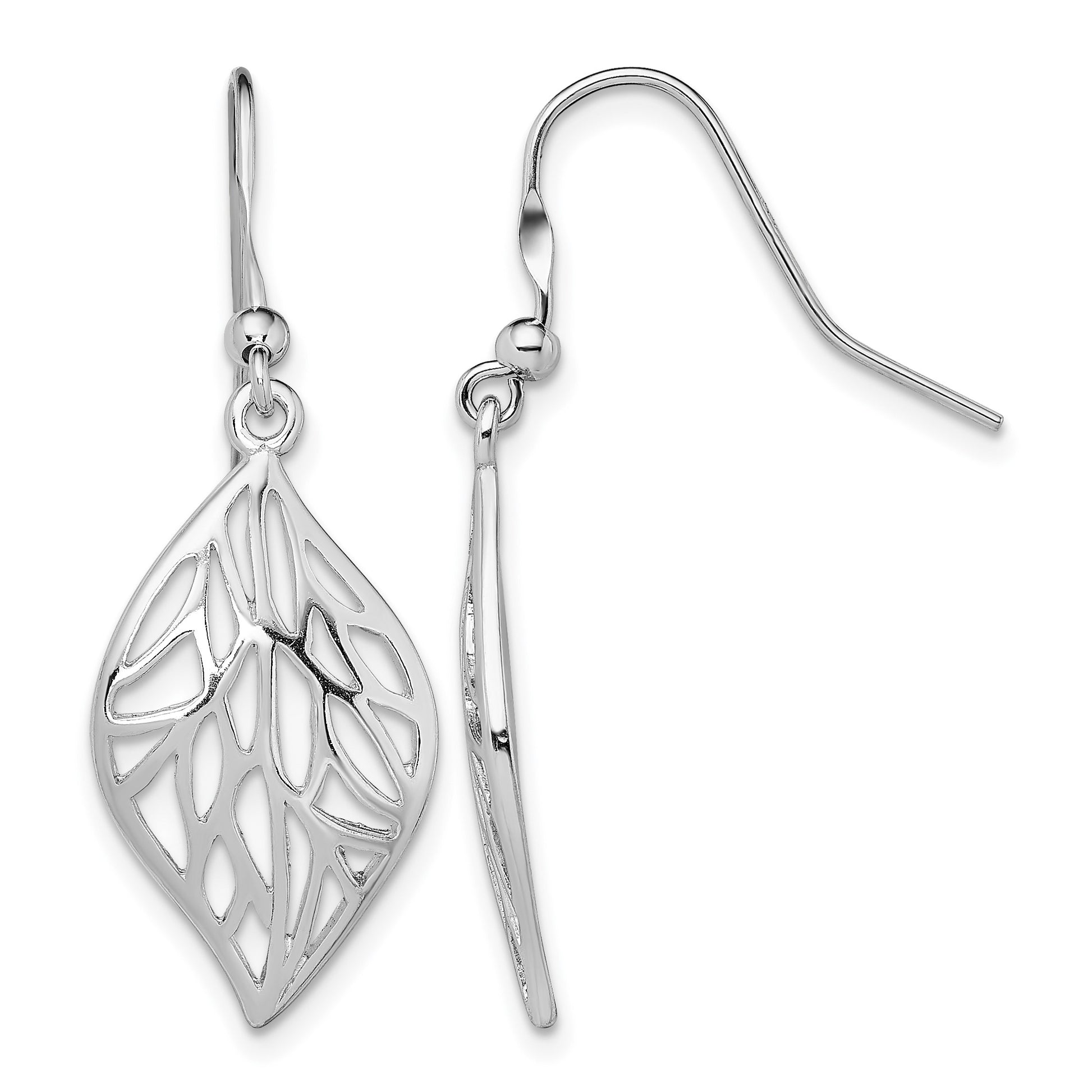 Sterling Silver Rhodium-plated Leaf Polished Dangle Earrings