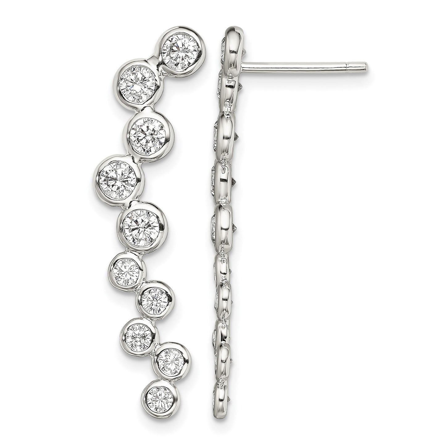 Sterling Silver Rhod-plated Polished Bezel CZ Post Ear Climber Earrings