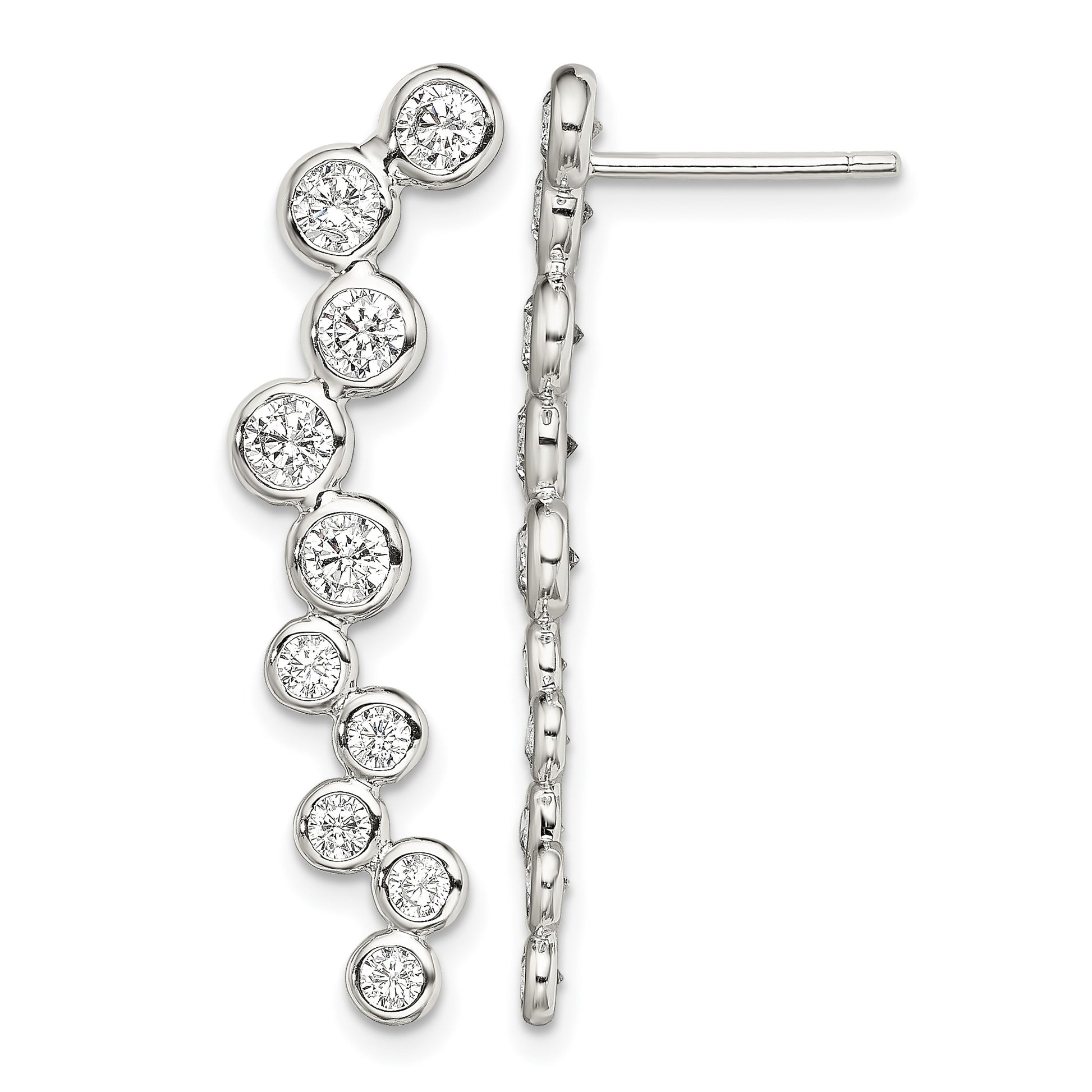 Sterling Silver Rhod-plated Polished Bezel CZ Post Ear Climber Earrings