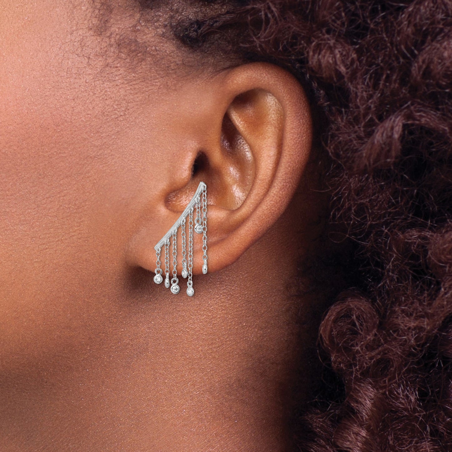 Sterling Silver Rhodium-plated Polished Fancy CZ Dangle Ear Climber Earring
