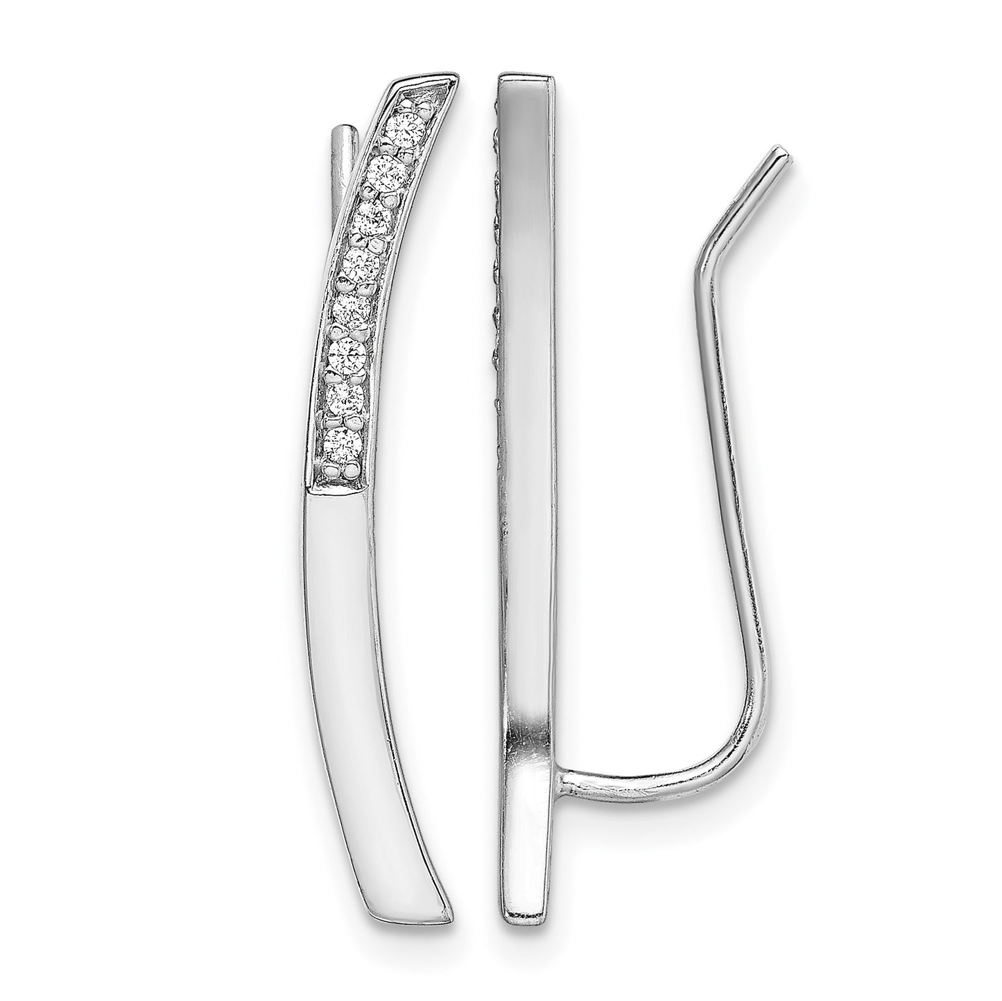 Sterling Silver Rhodium-plated Polished CZ Curved Bar Ear Climber Earrings