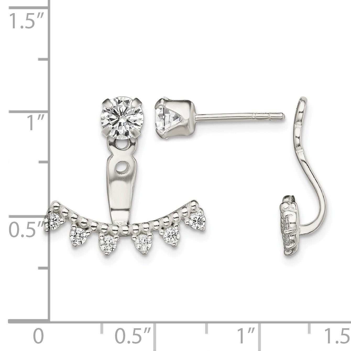 Sterling Silver Polished Beaded Curve & CZ Front & Back Post Earrings