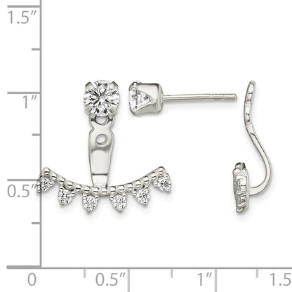 Sterling Silver Polished Beaded Curve & CZ Front & Back Post Earrings