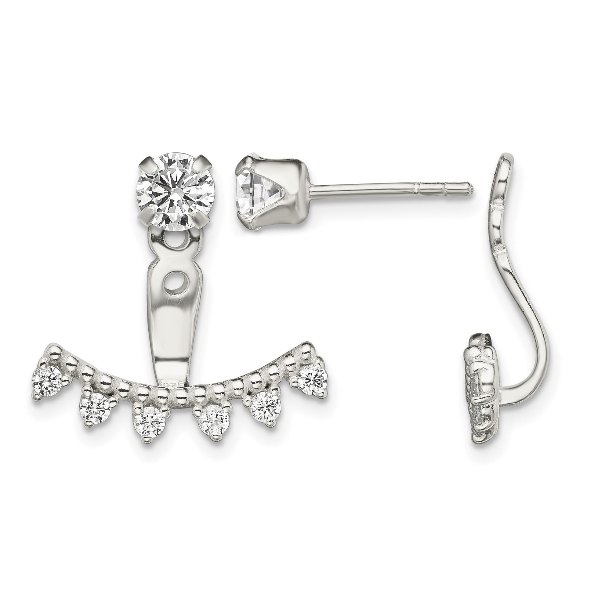 Sterling Silver Polished Beaded Curve & CZ Front & Back Post Earrings
