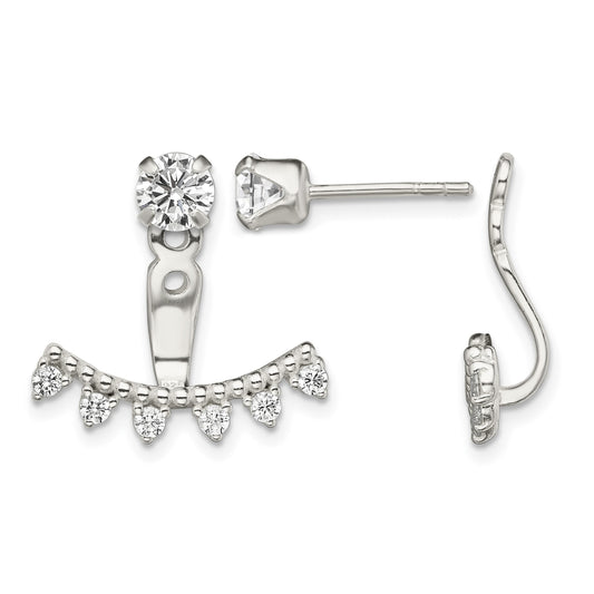 Sterling Silver Polished Beaded Curve & CZ Front & Back Post Earrings