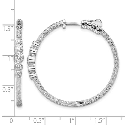 Sterling Silver Rhodium-plated CZ Textured Hoop Earrings