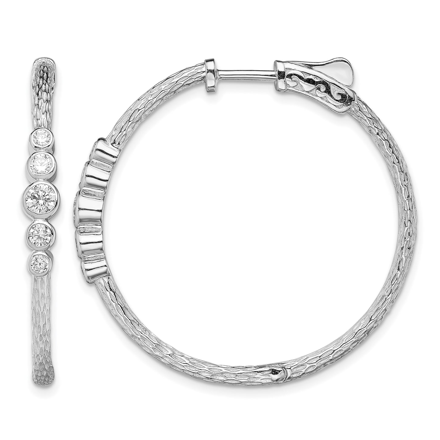 Sterling Silver Rhodium-plated CZ Textured Hoop Earrings