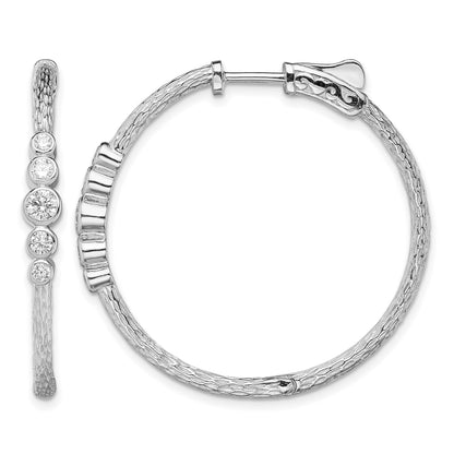 Sterling Silver Rhodium-plated CZ Textured Hoop Earrings