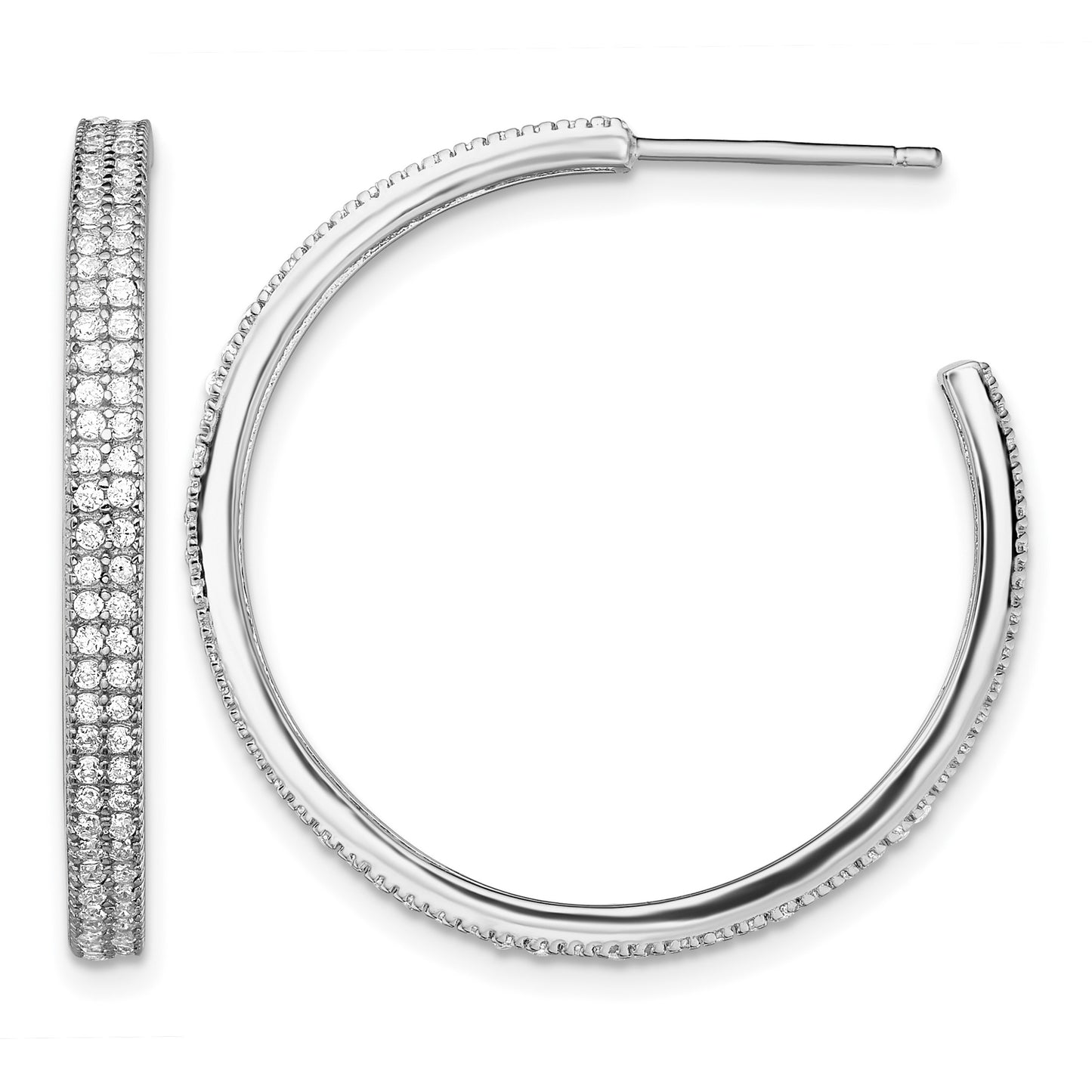 Sterling Silver Rhodium-plated CZ 30x3mm Hoop Earrings