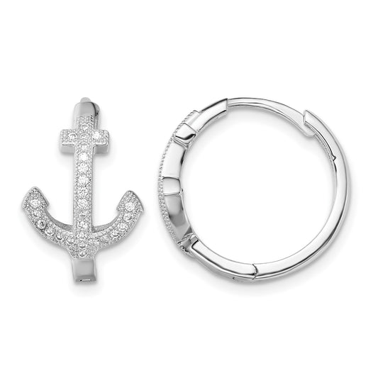 Sterling Silver Rhodium-plated CZ Anchor Hinged Earrings